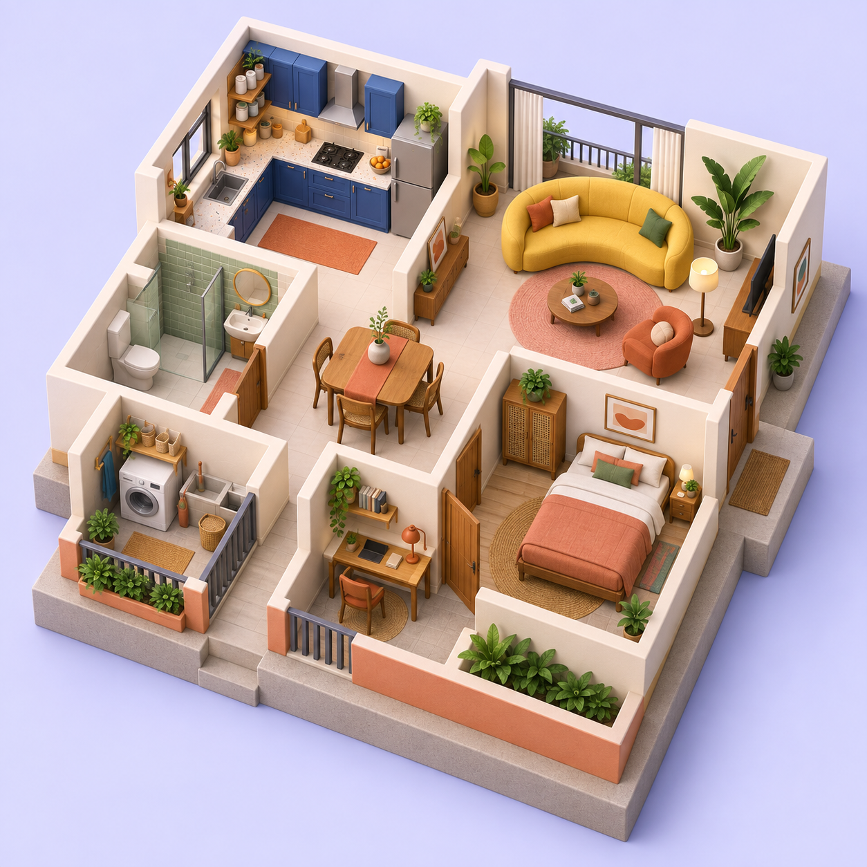 A miniature home with a sunlit living room, kitchen, plants and laundry nook